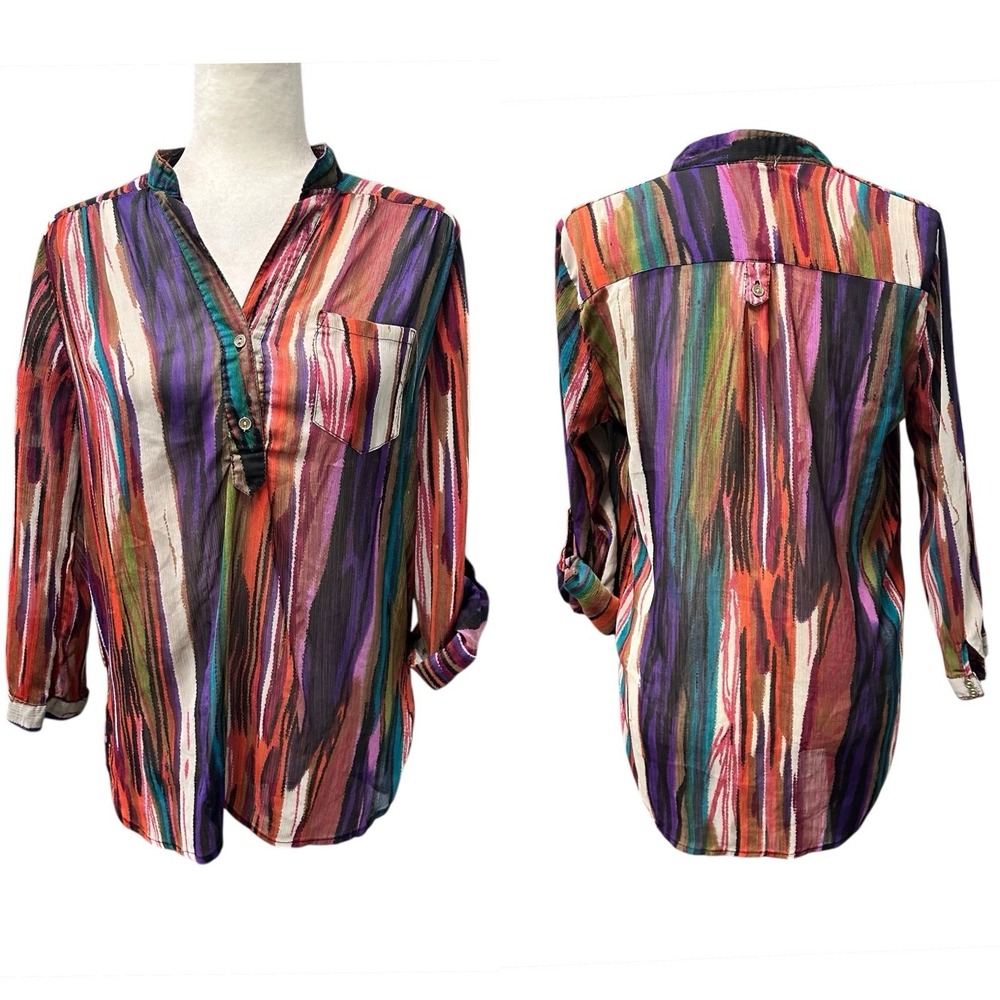 Womens‎ Size M V Neck Shirt Abstract Roll Tab Sleeves Sheer Tunic Blouse Multi